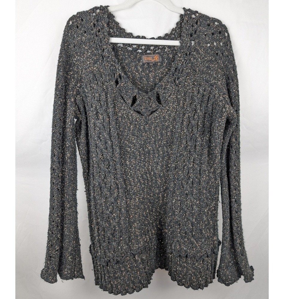Tivoli Whimsigoth Crochet Chunky Knit Wool‎ Sweater Size L Black Grunge Witchy